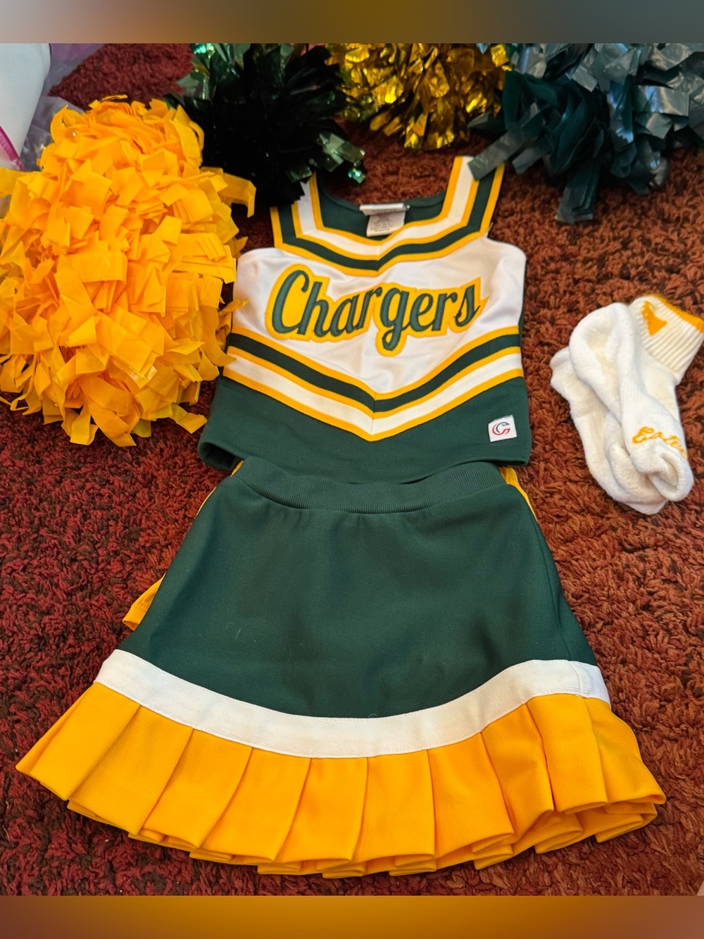 Youth Cheerleading Uniform Set Chargers w/ Pom Poms & Socks